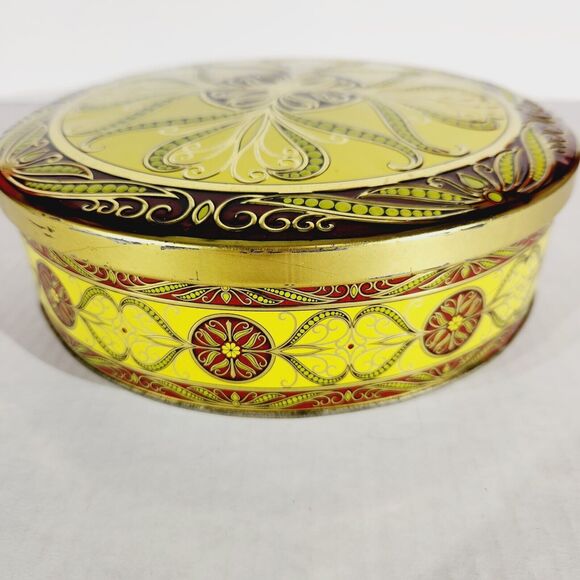 Decorative Nut Tin Filigree Bright Yellow Round Box Storage Container Embossed - Picture 2 of 12